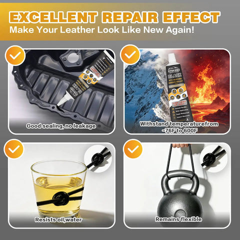 Heavy Duty RTV Gasket Sealant And High Temp Black Silicone Adhesive For Gearboxes Axles Pumps Superchargers Provides Rock Solid Sealing Power With Heat Resistance And Oil Proof Seal For Tough Jobs Without Breaking A Sweat In 3.5 Oz displaying sealing tests against temperature, oil, and water.
