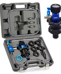 No Drama Coolant Vacuum Refill Kit With Dual Movement Gauge For Quick Radiator Fill And Snappy Engine Maintenance That Keeps Your Daily Driver Running Smooth On Long Highway Trips in a sturdy case with blue fittings and various adaptors.