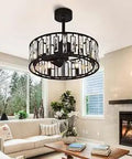 Caged Crystal Ceiling Fan With Lights And Remote, Farmhouse Black Low Profile 20 Inch Chandelier Fan in living room