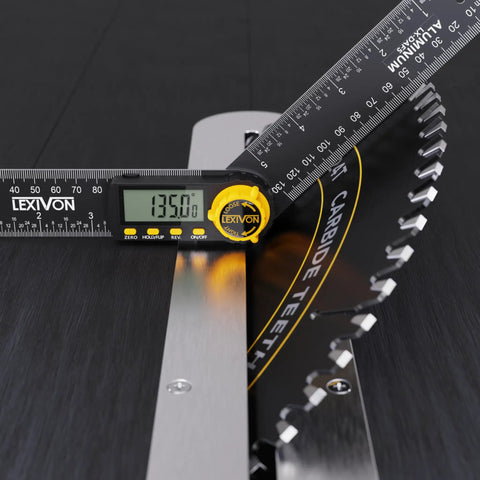 Kickass Aluminum Digital Angle Finder And Multipurpose Protractor Gauge With Rock Solid Build showing 135.0 degrees on LCD.