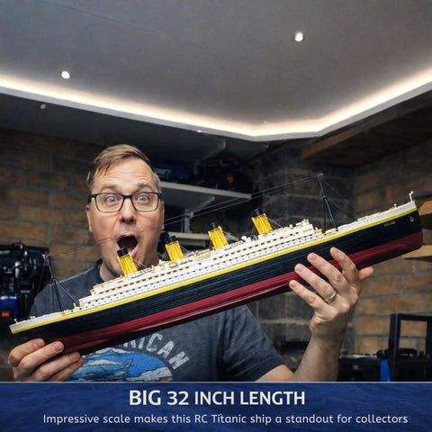 Man holding 32 Inch Remote Control Titanic Boat With LED Lights And 2.4 GHz Radio Large RC Cruise Ship for collectors