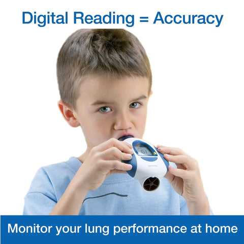 Deluxe Peak Flow Meter Kit For Home Use Lung Health With PEF And FEV1 Readings Early Asthma Attack Detection Spirometer For All Ages child using digital peak flow meter