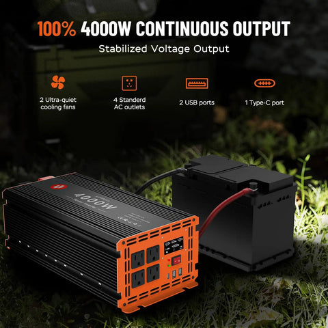 4000 Watt Power Inverter Converts 12V Dc To 120V Ac With 8000W Peak Surge Hella Road Trip Ready displaying 4 AC outlets and dual USB ports.
