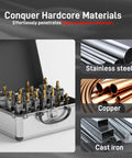 18 Piece Carbide Hole Saw Kit For Metal From Half Inch To Two And One Eighth Inch in case with metal materials shown