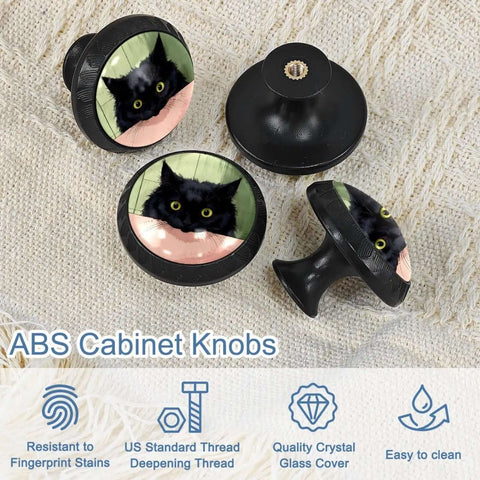 4 Pack Cartoon Black Cat Cabinet Knobs Set with Glass Drawer Knobs on textured surface