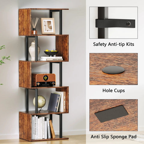 Top Shelf Six Tier Bookshelf With Sleek S Shaped Design, Rustic Brown Geometric Storage Rack showcasing staggered shelves with decor.
