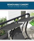 Close-up of Two Seat Patio Swing Chair With Removable Canopy And Cup Holders For Porch, Garden, Poolside, And Backyard Gray Outdoor Swing With Easy Assembly, Weather Resistant Frame For Total Chill Outdoors showing canopy and seats.