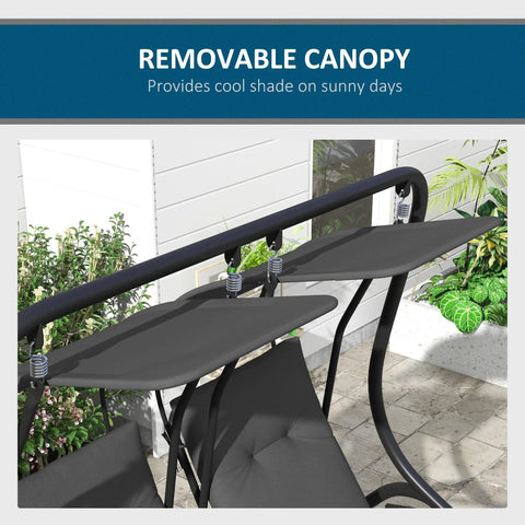 Close-up of Two Seat Patio Swing Chair With Removable Canopy And Cup Holders For Porch, Garden, Poolside, And Backyard Gray Outdoor Swing With Easy Assembly, Weather Resistant Frame For Total Chill Outdoors showing canopy and seats.