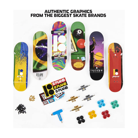 Fingerboard Bonus Pack with six real graphic mini skateboards, decks, wheels, stickers, and tool for customizable mini boards.