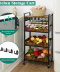 Sleek Four Tier Rolling Storage Cart Built With Sturdy Metal And Smooth Wood Shelves, filled with groceries in kitchen.