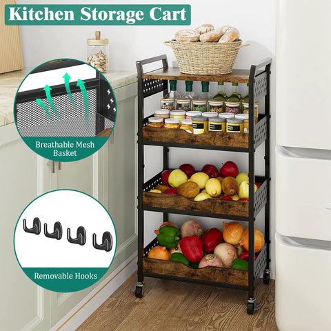 Sleek Four Tier Rolling Storage Cart Built With Sturdy Metal And Smooth Wood Shelves, filled with groceries in kitchen.