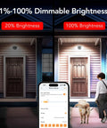 Motion Sensor Outdoor Lights With 450 Degree Wide Adjustment, Smart WiFi Flood Lights showcasing dimming on house front door at night