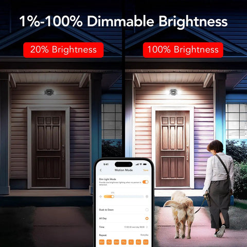 Motion Sensor Outdoor Lights With 450 Degree Wide Adjustment, Smart WiFi Flood Lights showcasing dimming on house front door at night