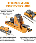 Heavy Duty Aluminum Pocket Hole Jig Kit With Auto Calibrating Clamp System And Fifty Premium Wood Screws For Knockout Furniture Joinery Right Out The Box Includes Square Drill Bit And Stop Collar Built Solid shown in multiple angles.