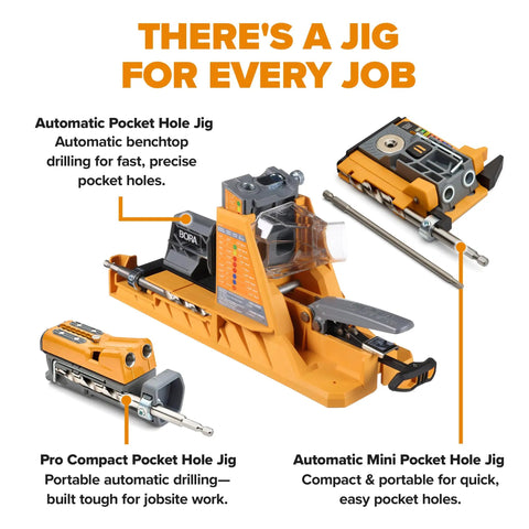 Heavy Duty Aluminum Pocket Hole Jig Kit With Auto Calibrating Clamp System And Fifty Premium Wood Screws For Knockout Furniture Joinery Right Out The Box Includes Square Drill Bit And Stop Collar Built Solid shown in multiple angles.