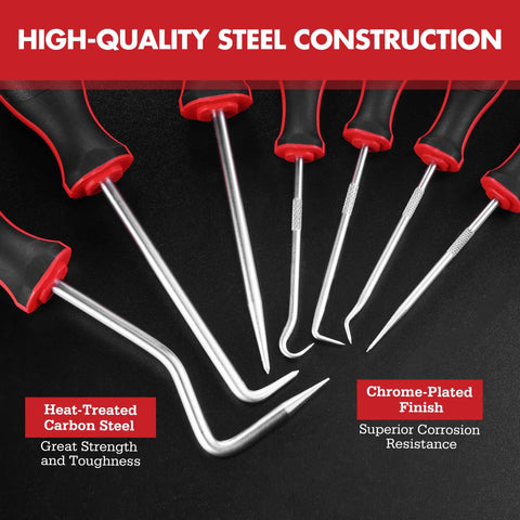 7 Piece Hook And Pick Set With Long And Mini Precision Picks 4 Small Hooks And 3 Large Hooks Carbon Steel Tools Includes Grab And Go Storage Bag For Easy Transport And Quick Access. carbon steel hook and pick set with red handles