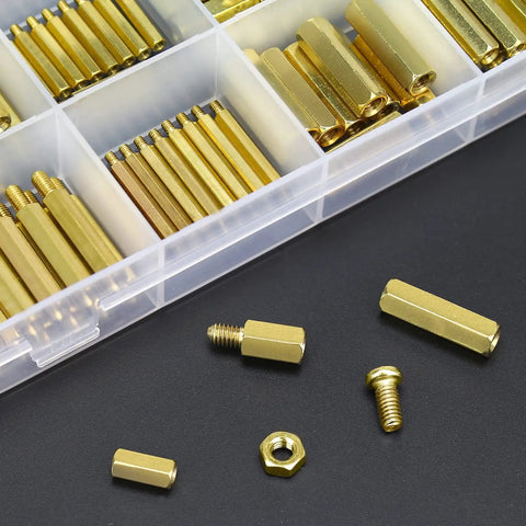 Heavy Duty Brass Spacers Standoffs Set with M2.5 M3 M4 Hex Screws and Nuts Assortment Kit for PC Motherboard Assembly displayed in a kit.