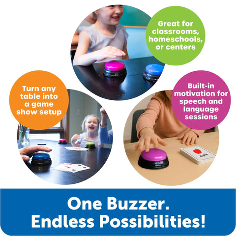 Answer Buzzers For Classroom Games And Trivia Colorful Sound Effect Buttons For Kids Family Showdowns And Quiz Participation Tools Perfect For Teachers Parties And Birthday Gifts displayed on tables with children using them.