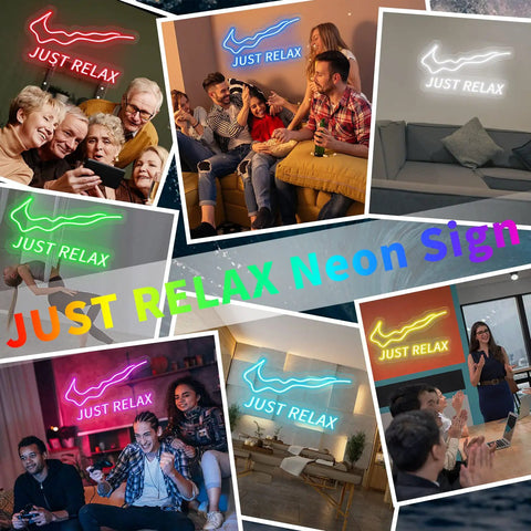 Collage of Just Relax LED Neon Light Sign in different colors and settings for wall decor, bar, office, and home lounge.