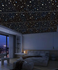 Large Self Adhesive Soundproof Acoustic Wall Art Panels With High Definition UV Print And Stylish Abstract Design For Bedroom Living Room And Home Office Easy Diy Installation No Drilling Required 72 By 48 Inches 6 Piece Set Totally Chic, depicting a starry ceiling in a stylish bedroom.
