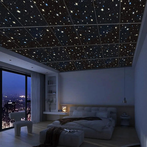 Large Self Adhesive Soundproof Acoustic Wall Art Panels With High Definition UV Print And Stylish Abstract Design For Bedroom Living Room And Home Office Easy Diy Installation No Drilling Required 72 By 48 Inches 6 Piece Set Totally Chic, depicting a starry ceiling in a stylish bedroom.