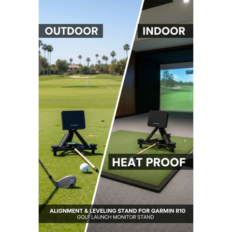 R10 Golf Launch Monitor Alignment And Leveling Stand For Indoor And Outdoor Practice showcasing heat resistant setup