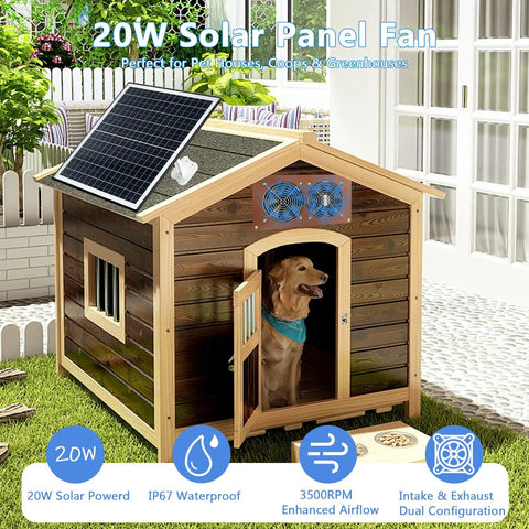 Solar Powered Vent Kit With 20W Panel For Chicken Coops, Greenhouses And Sheds, Dual Exhaust And Intake Fans, 3500 RPM, Waterproof, Adjustable Mount, 8.8Ft Cable