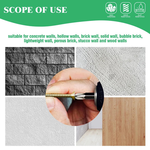 Image showing various wall types suitable for the 180Pcs 90 Sets Steel Wall Anchor And Screw Kit In Four Sizes.
