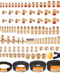 Brass DOT 124 Pcs Air Line Fittings Kit With 50 Ft Air Lines in 1/2, 3/8, 1/4, and 1/8 Inch displayed with push lock quick connects
