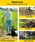 4 Tine Heavy Duty Garden Fork With Ergonomic No Slip D Grip Handles 45 Inch Long Spading Fork used for gardening tasks.