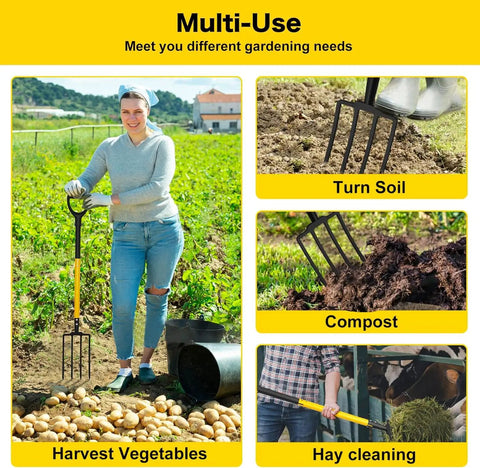 4 Tine Heavy Duty Garden Fork With Ergonomic No Slip D Grip Handles 45 Inch Long Spading Fork used for gardening tasks.