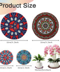 8 Pcs Boho Plant Coaster And Mat Set For Indoor And Outdoor Pots Protect Tables Desks And Floors With Round Flower Saucers In Two Sizes 12 By 12 Cm And 22 By 22 Cm, showing colorful round coasters with plants.