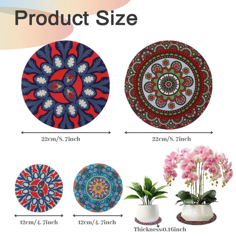 8 Pcs Boho Plant Coaster And Mat Set For Indoor And Outdoor Pots Protect Tables Desks And Floors With Round Flower Saucers In Two Sizes 12 By 12 Cm And 22 By 22 Cm, showing colorful round coasters with plants.