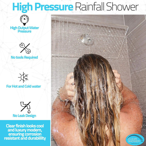 High Pressure 18 Inch Square Shower Head That Packs A Punch For Full Body Coverage in use, showcasing rainfall spray on person