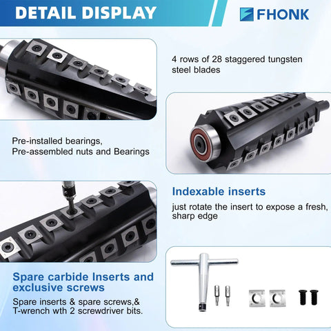 Pro Grade 6 Inch Spiral Helical Cutterhead Replacement Kit For Jet Thickness Planer with carbide inserts, screws, T-wrench.