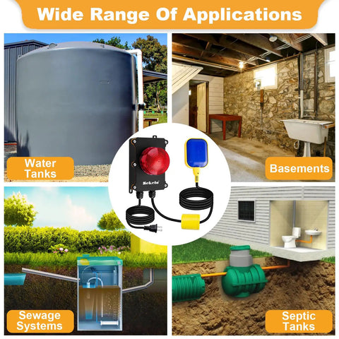 Heavy Duty Sump Pump Alarm High Water Alarm With 10 Foot Float Switch 110 dB Loud Alarm For Basement Flood Prevention Waterproof Sensor Audible Flood Warning Real Time Monitoring Easy Install Home Safety, shown for basements and water tanks
