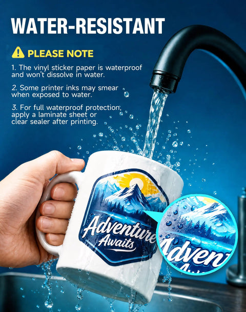 Water-resistant details of Kickass Premium Glossy Printable Vinyl Sticker Paper Hits Every Color Perfect For Your Inkjet Or Laser Printer 8.5 X 11.