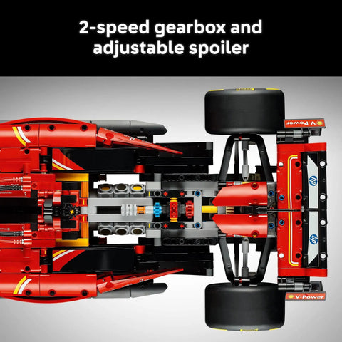 Underside view of Ferrari SF-24 F1 Car Model Kit For Adults Ages 18 And Up with 2-speed gearbox and adjustable spoiler features.