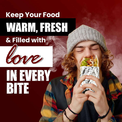 Person enjoying a meal wrapped in heavy duty insulated aluminum foil sheet to keep food hot or cold.