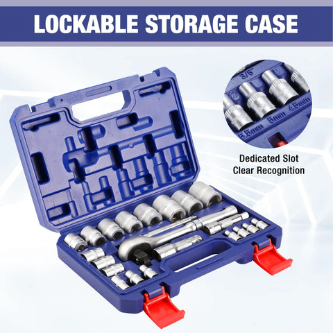 22 Piece Socket Set With Three In One Ratchet Handle Pro Grade One Quarter Inch Drive Sockets Three Eighth Inch Drive Sockets And One Half Inch Drive Sockets CR V Metric Sockets Extension Bars And Storage Box For Auto Repair displayed in blue lockable case