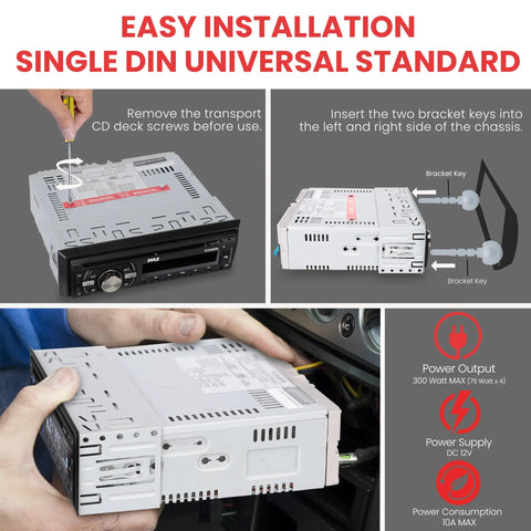Boat Bluetooth Marine Stereo Receiver with installation steps and single DIN standard measurements.