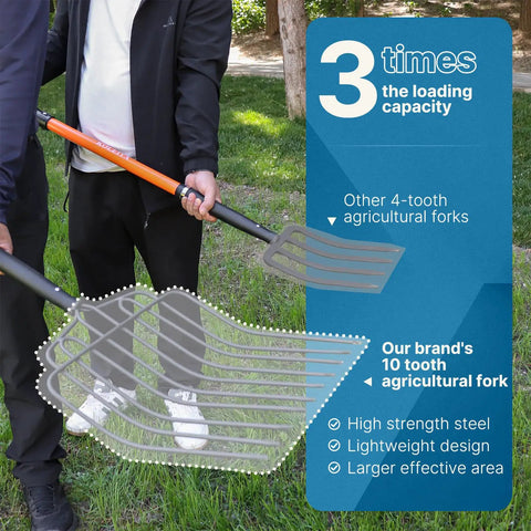 Person holding Wide 10-Tine Pitch Fork For Gardening And Farm Cleanup Heavy Duty Manure And Mulch Fork With Fiberglass Handle 45 Inch