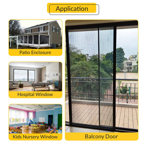 Heavy Duty Fiberglass Insect Screen Mesh Cloth Roll 36 Inch Wide 600 Foot Long Charcoal applied to a balcony door.