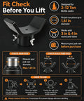 Infographic of Adjustable Bottle Jack Axle Adapter For 2 To 12 Ton Jacks, Black, Rock Solid Steel Construction with fit check instructions