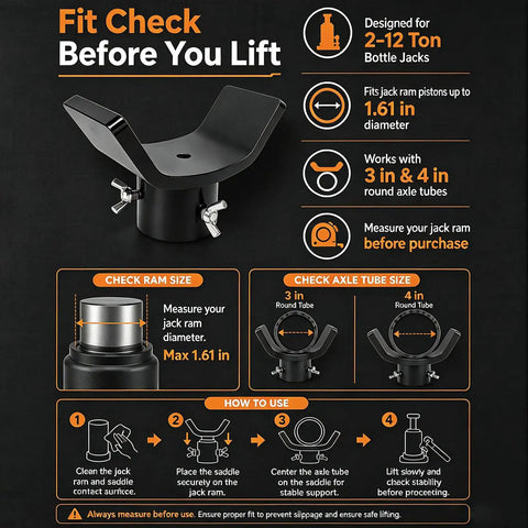 Infographic of Adjustable Bottle Jack Axle Adapter For 2 To 12 Ton Jacks, Black, Rock Solid Steel Construction with fit check instructions