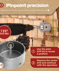 MonoPro 17-piece concrete hole saw kit, side view with drill and 135° bit mounted against brick wall