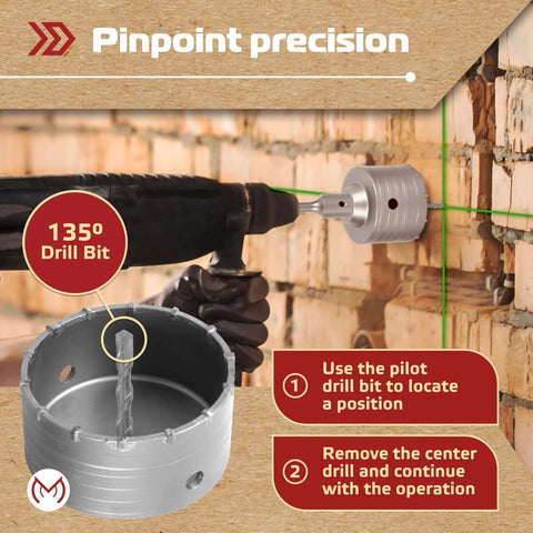 MonoPro 17-piece concrete hole saw kit, side view with drill and 135° bit mounted against brick wall