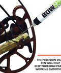 Close-up of crossbow part being lubricated with Bow Snot pen included in Crossbow Maintenance Three Pack With String Snot Bow Snot And Rail Snot Lubes For Smooth Operation Odorless Formula USA Made Increases Durability And Performance In Extreme Cold Keeps Rails And String Lubricated