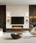 Cozy living room with sleek modern wall sconces featuring rechargeable E26 LED bulbs, a stylish TV, and a unique fireplace.