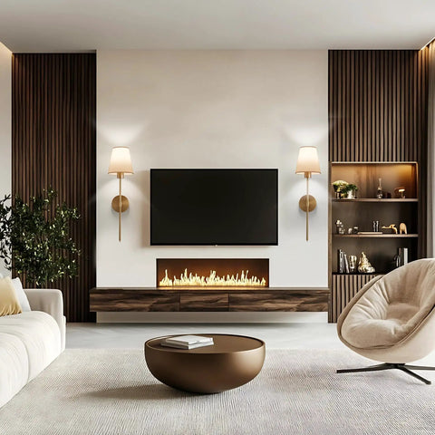 Cozy living room with sleek modern wall sconces featuring rechargeable E26 LED bulbs, a stylish TV, and a unique fireplace.